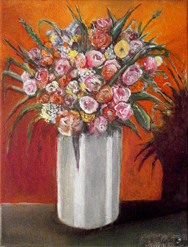 Painting titled "bouquet sur fond ch…" by Pierre Paul Parmentier, Original Artwork, Oil