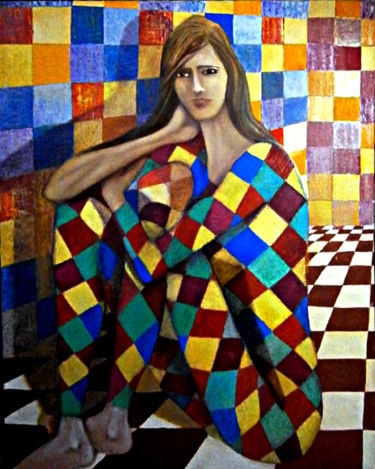 Peinture intitulée "femme-arlequin-dans…" par Pierre Paul Parmentier, Œuvre d'art originale, Huile