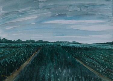 Painting titled "Green Fields" by Pracha Yindee, Original Artwork, Watercolor