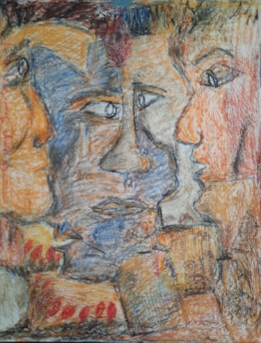 Pintura intitulada "Sad men with the ki…" por Pradeep Jayatunga, Obras de arte originais, Pastel