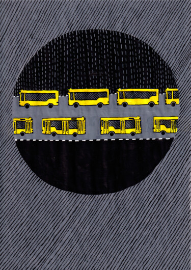 Painting titled "Yellow bus-7" by Volha Prankevich, Original Artwork, Gel pen