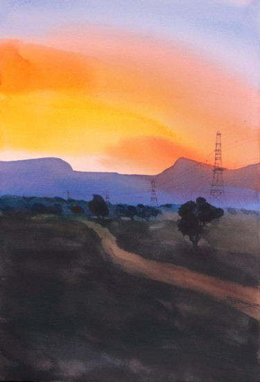 Картина под названием "Breaking dawn" - Prashant Prabhu, Подлинное произведение искусства, Акварель