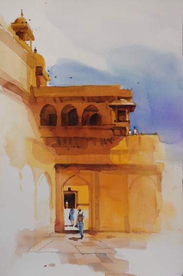 Malerei mit dem Titel "Travel to times past" von Prashant Prabhu, Original-Kunstwerk, Aquarell