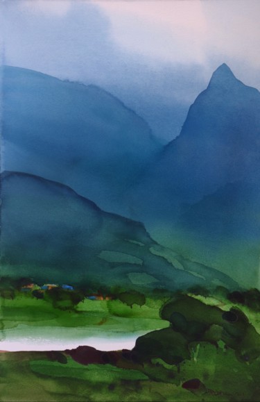 Peinture intitulée "In lap of the mount…" par Prashant Prabhu, Œuvre d'art originale, Aquarelle