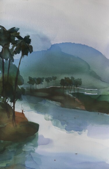 Malerei mit dem Titel "Fishing for quietude" von Prashant Prabhu, Original-Kunstwerk, Aquarell