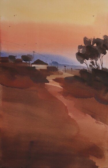 Peinture intitulée "Earth red dawn 2" par Prashant Prabhu, Œuvre d'art originale, Aquarelle