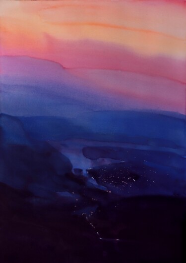 Painting titled "Lake, lights and Tw…" by Prashant Prabhu, Original Artwork, Watercolor