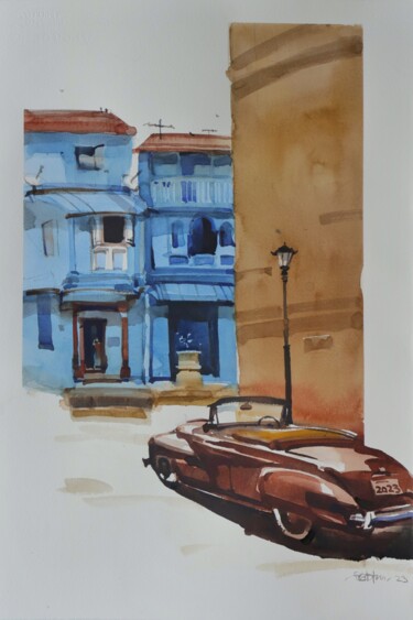 Malarstwo zatytułowany „Parked in a bygone…” autorstwa Prashant Prabhu, Oryginalna praca, Akwarela