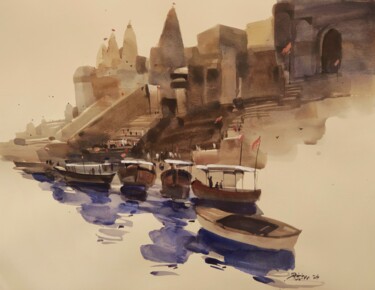 Schilderij getiteld "Boat by boat nearer…" door Prashant Prabhu, Origineel Kunstwerk, Aquarel