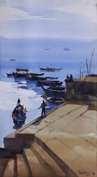 Pittura intitolato "Boat by boat nearer…" da Prashant Prabhu, Opera d'arte originale, Acquarello