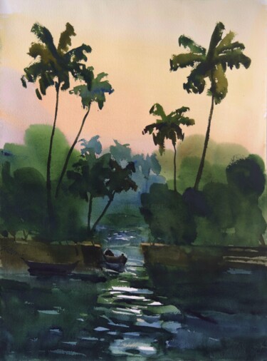Malarstwo zatytułowany „Twilight mooring in…” autorstwa Prashant Prabhu, Oryginalna praca, Akwarela