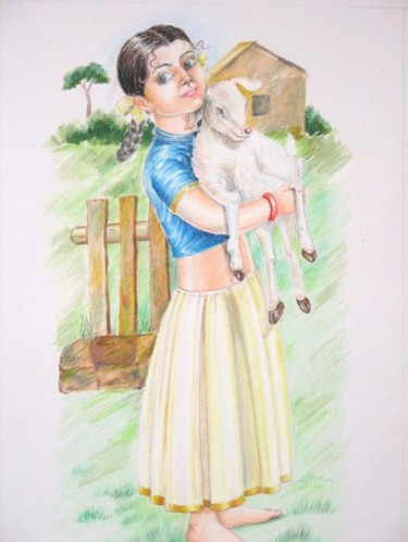 Painting titled "A GIRL WITH LAMB" by Preeti Chavan, Original Artwork, Oil