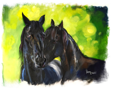 Gravures & estampes intitulée "A pair of horses sh…" par Prem Chokli, Œuvre d'art originale, Acrylique