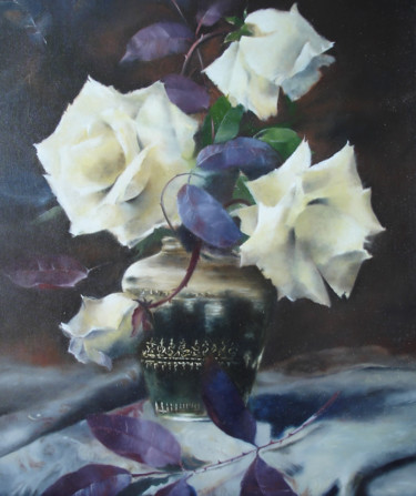 Painting titled "Roses blanches" by Pascale Renou, Original Artwork, Oil