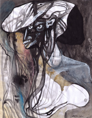 Dibujo titulada "Retrato con sombrero" por Juan Britos, Obra de arte original, Tinta