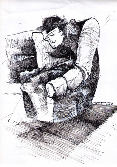 Dibujo titulada "El hombre del sillon" por Juan Britos, Obra de arte original, Tinta