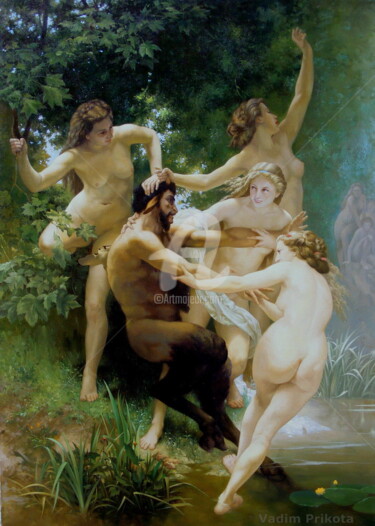 Painting titled "Nymphs and Satyr" by Vadim Prikota, Original Artwork, Oil