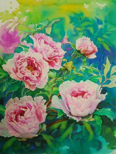 Peinture intitulée "Pivoine rose" par Primavera Renard, Œuvre d'art originale, Aquarelle