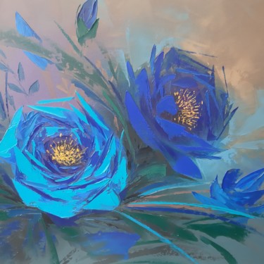 Painting titled "Roses bleues" by Primavera Renard, Original Artwork, Oil