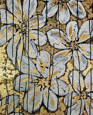 Malerei mit dem Titel "Golden Flowers" von Prinkle Mehta, Original-Kunstwerk, Acryl