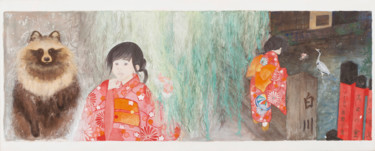 Peinture intitulée "Fille et Tanuki sur…" par Priscilla Moore, Œuvre d'art originale, Pigments Monté sur Panneau de bois
