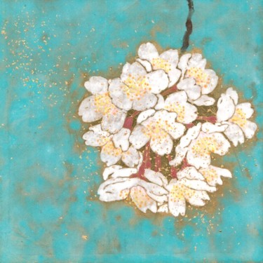 Pittura intitolato "Sakura Pompom" da Priscilla Moore, Opera d'arte originale, pigmenti Montato su Pannello di legno