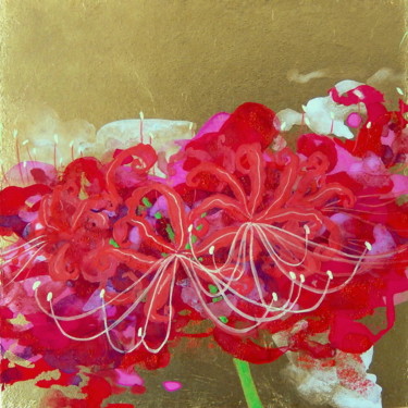 Painting titled "Aka Higanbana" by Priscilla Moore, Original Artwork, Pigments Mounted on Wood Panel