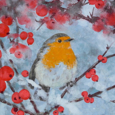 Painting titled "Winter Robin" by Priscilla Moore, Original Artwork, Pigments Mounted on Wood Panel