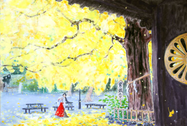 Pittura intitolato "Ginkgo tree at Omiy…" da Priscilla Moore, Opera d'arte originale, Gouache