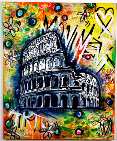 Painting titled "Urban Coliseum Rome…" by Priscilla Vettese, Original Artwork, Spray paint Mounted on Wood Stretcher frame