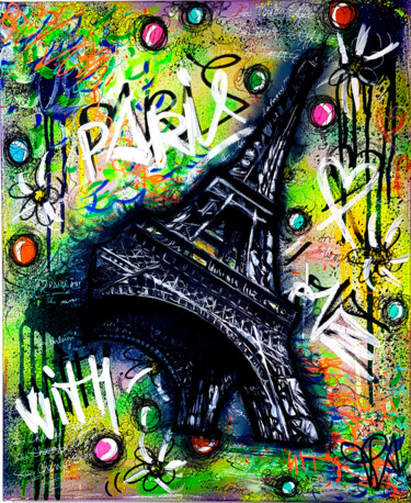 Painting titled "Tableau Tour Eiffel…" by Priscilla Vettese, Original Artwork, Spray paint Mounted on Wood Stretcher frame