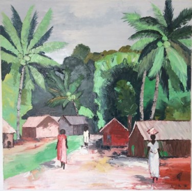 Peinture intitulée "village-en-brousse-…" par Priscille Amatulli, Œuvre d'art originale, Huile