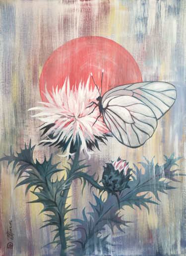 Painting titled "Butterfly on thistle" by Ekaterina Prisich, Original Artwork, Acrylic