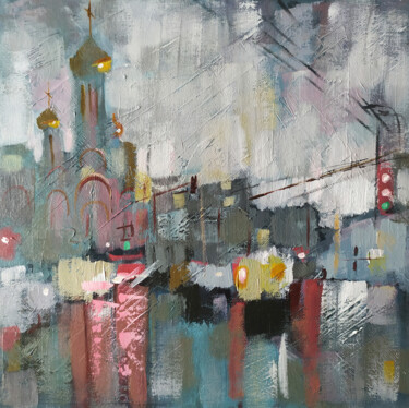 Painting titled "Gray Rainy cityscape" by Ekaterina Prisich, Original Artwork, Acrylic