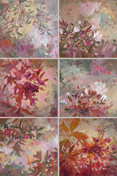 Painting titled "Old Garden set of 6…" by Ekaterina Prisich, Original Artwork, Acrylic Mounted on Wood Stretcher frame