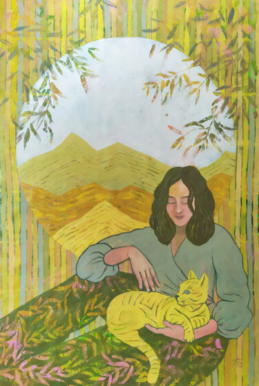 Painting titled "Yellow Cat" by Ekaterina Prisich, Original Artwork, Acrylic