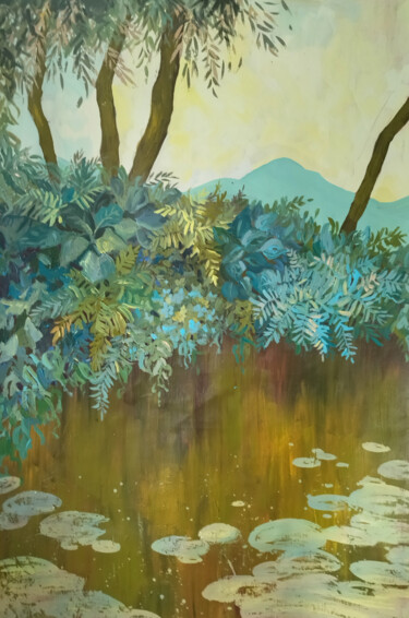 Painting titled "Green Pond With Wat…" by Ekaterina Prisich, Original Artwork, Acrylic
