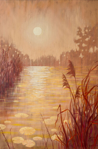 Painting titled "Pond With Reeds At…" by Ekaterina Prisich, Original Artwork, Acrylic