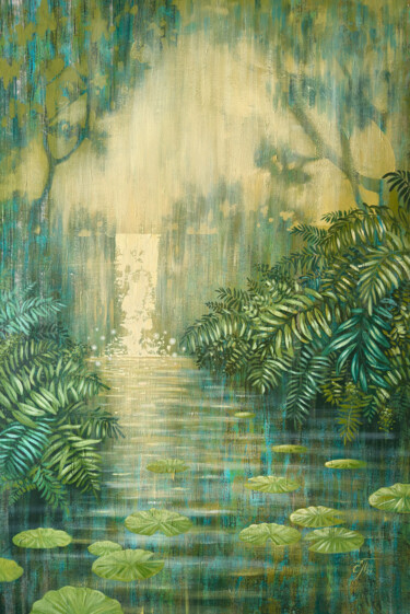 Painting titled "WATERFALL AMONG GRE…" by Ekaterina Prisich, Original Artwork, Acrylic