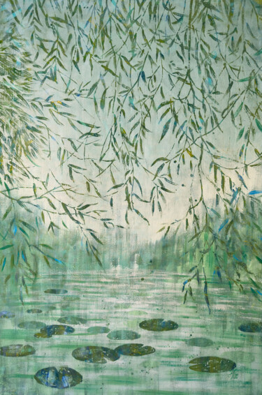 Painting titled "MISTY WILLOW POND" by Ekaterina Prisich, Original Artwork, Acrylic