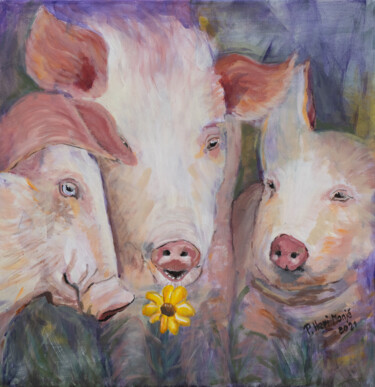 Painting titled "3 Schweine und 1 Bl…" by Priska Heri Monjé, Original Artwork, Acrylic