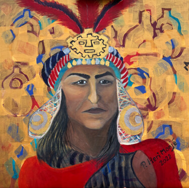 Schilderij getiteld "Pachacutec Inca Yup…" door Priska Heri Monjé, Origineel Kunstwerk, Acryl Gemonteerd op Frame voor houte…