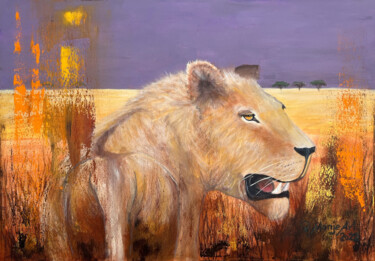 Malerei mit dem Titel "Löwin in der Savanne" von Priska Heri Monjé, Original-Kunstwerk, Acryl