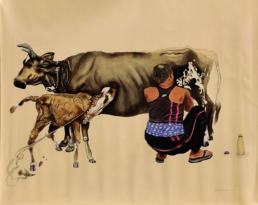Pittura intitolato "buffalo and calf" da Pritam Priyalochan, Opera d'arte originale, Olio