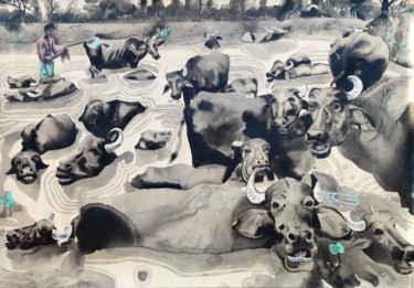 Painting titled "Buffaloes Showering" by Pritam Priyalochan, Original Artwork, Acrylic