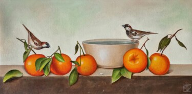 Painting titled "Sparrows and Oranges" by Priyanka Singh, Original Artwork, Oil