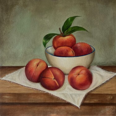 Painting titled "Bowl of Peaches" by Priyanka Singh, Original Artwork, Oil