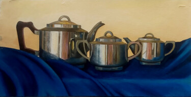 Painting titled "Teaset on Blue" by Priyanka Singh, Original Artwork, Oil