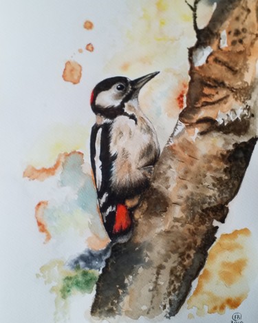 Painting titled "woodpecker" by Valentina Procenko, Original Artwork, Watercolor