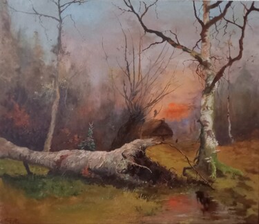 Painting titled "Fallen tree on the…" by Prokaj Dávid, Original Artwork, Oil